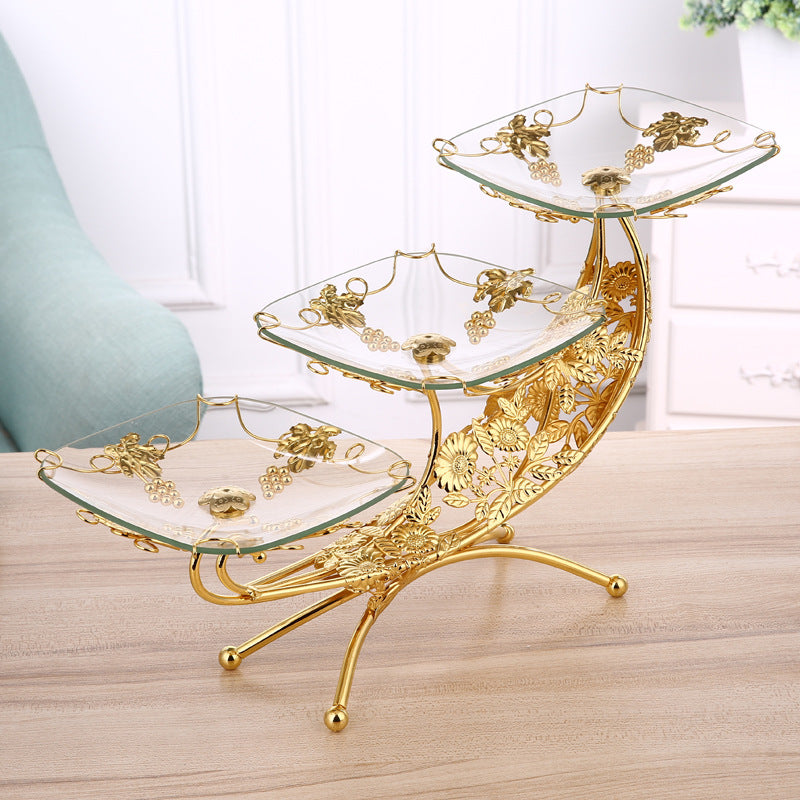 Elegant 3-Tier Glass Fruit and Dessert Stand with Gold Floral Frame