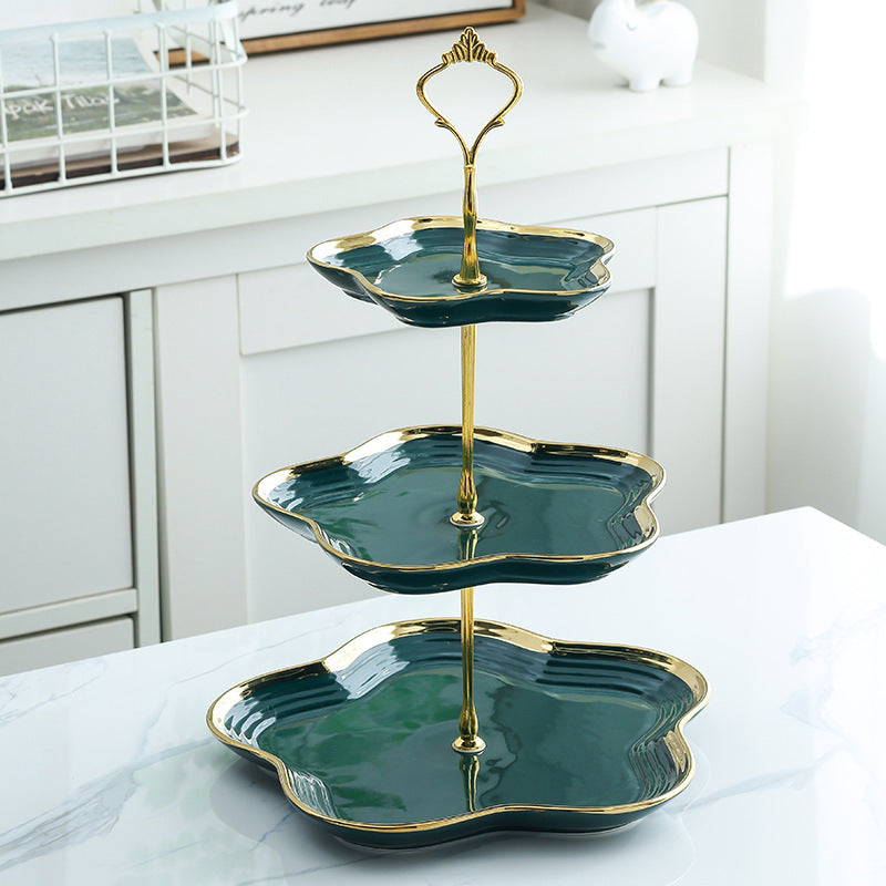 Dark green three-layer ceramic cake stand for desserts, snacks, and fruit display