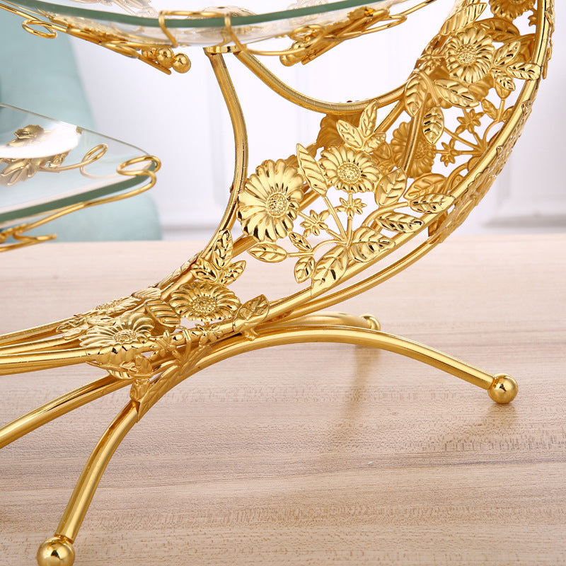Close-up of Gold Floral Metalwork on Glass Dessert Stand