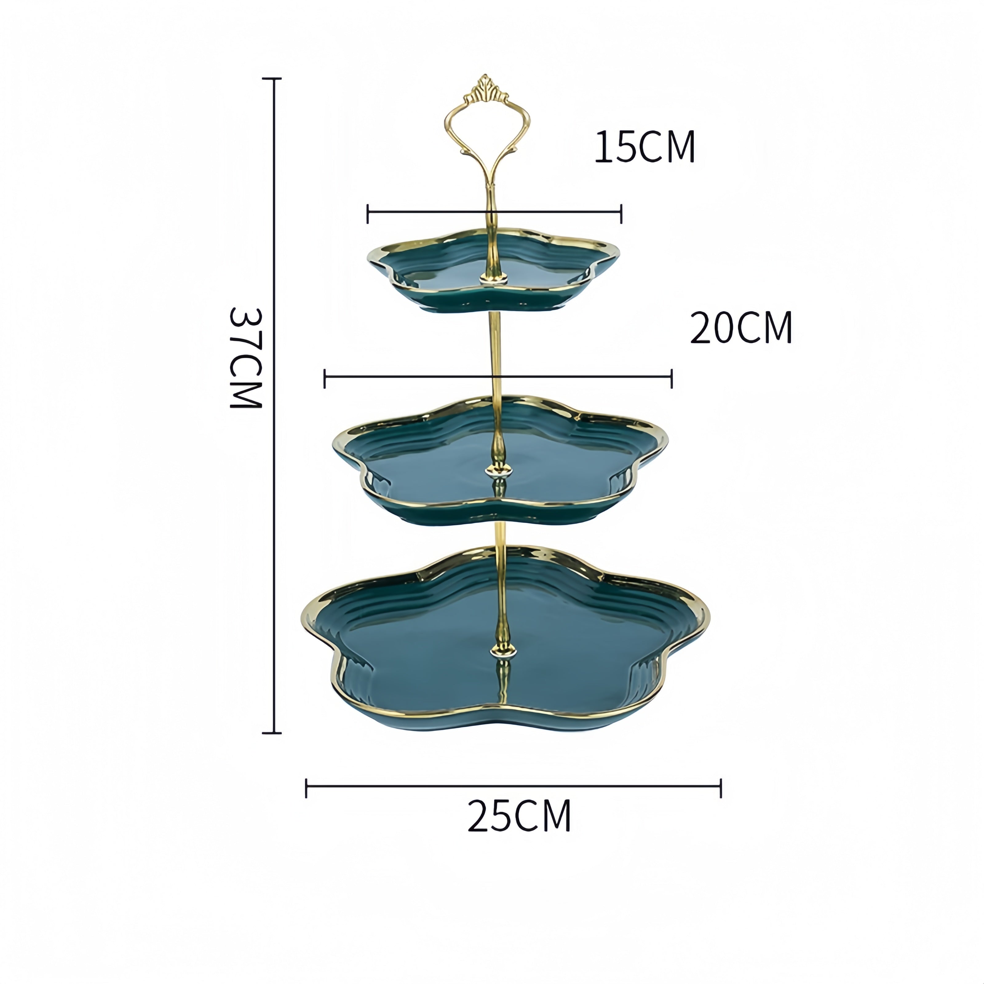 Dark green 3-layer ceramic cake stand with gold trim, modern high tea serving tray