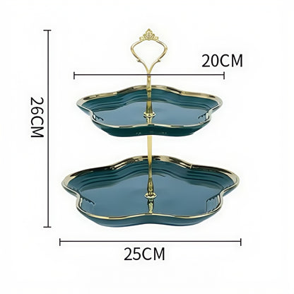 2-tier green dessert and fruit stand with gold floral frame, luxury ceramic cake holder