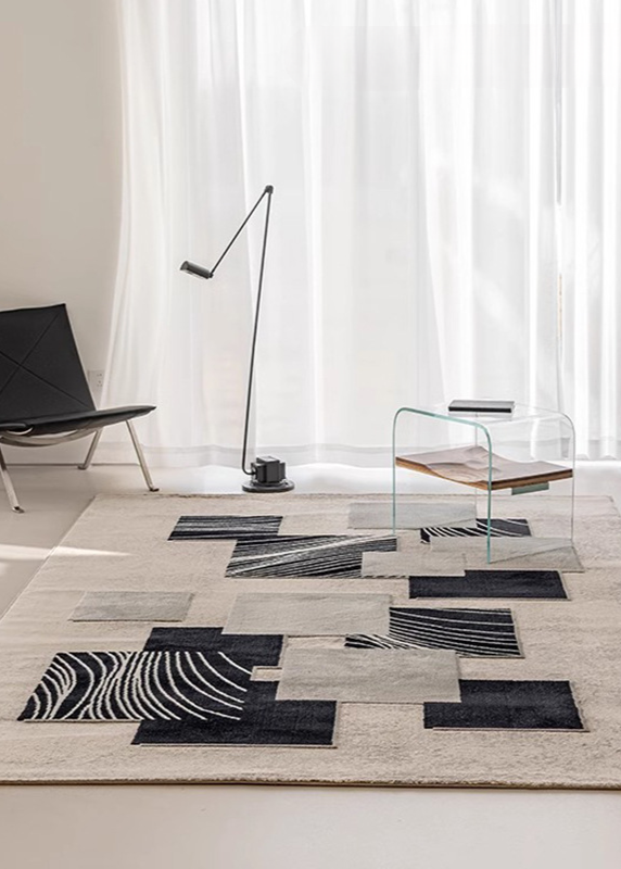 Italian-style minimalist rug in neutral tones, styled in a bright living room