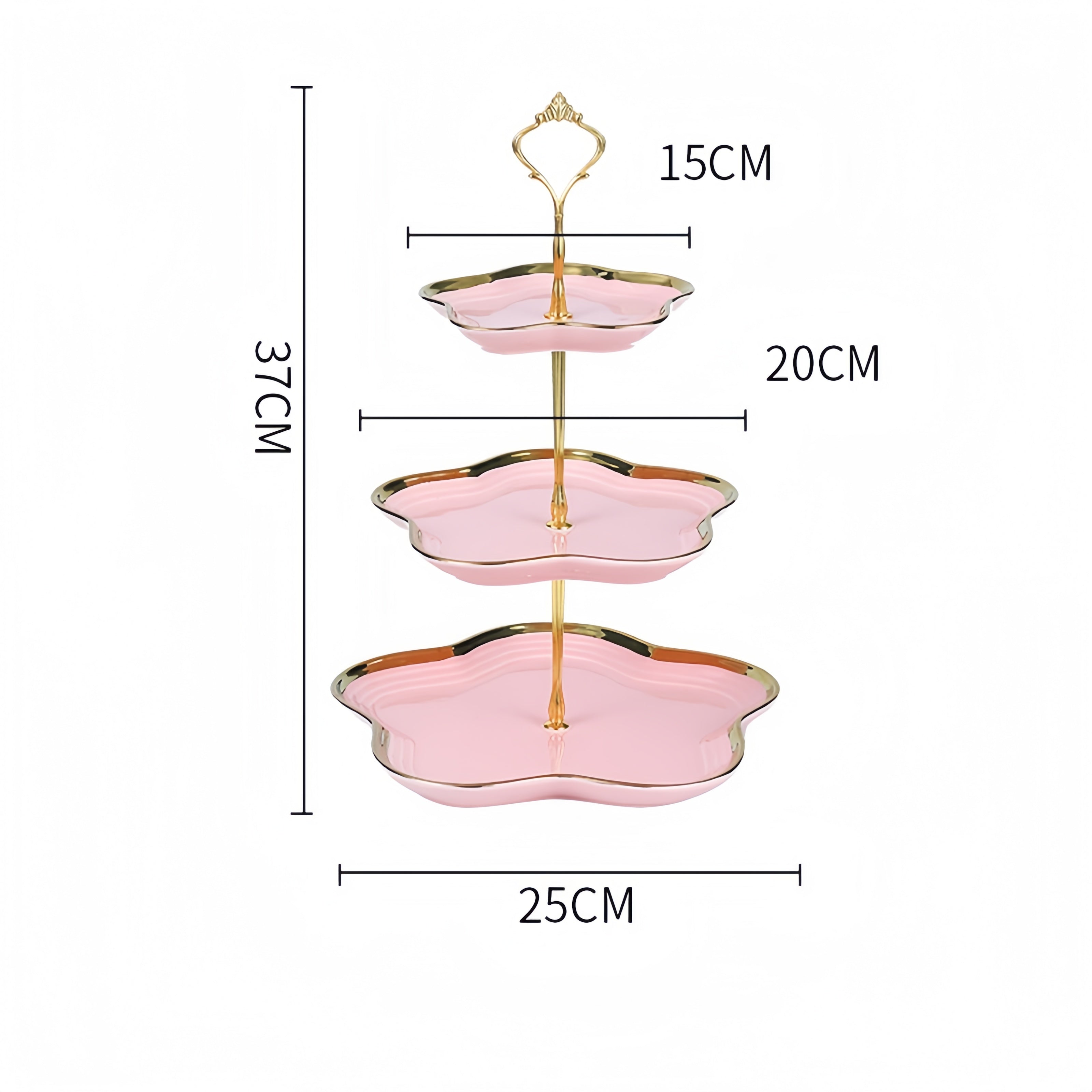 Pink three tier ceramic fruit and dessert stand with gold handle, floral shaped cake holder