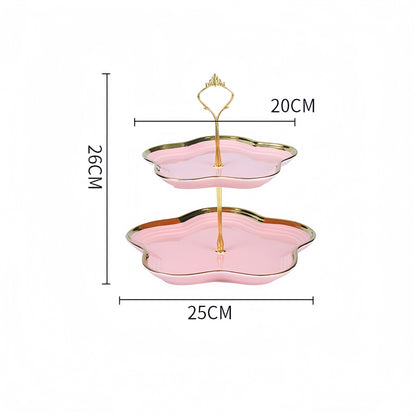 Pink double layer ceramic dessert stand with gold edge, floral tea table fruit platter tray