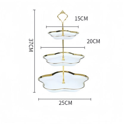 Three tier ceramic dessert stand white with gold rim, elegant serving tray for cake and fruit