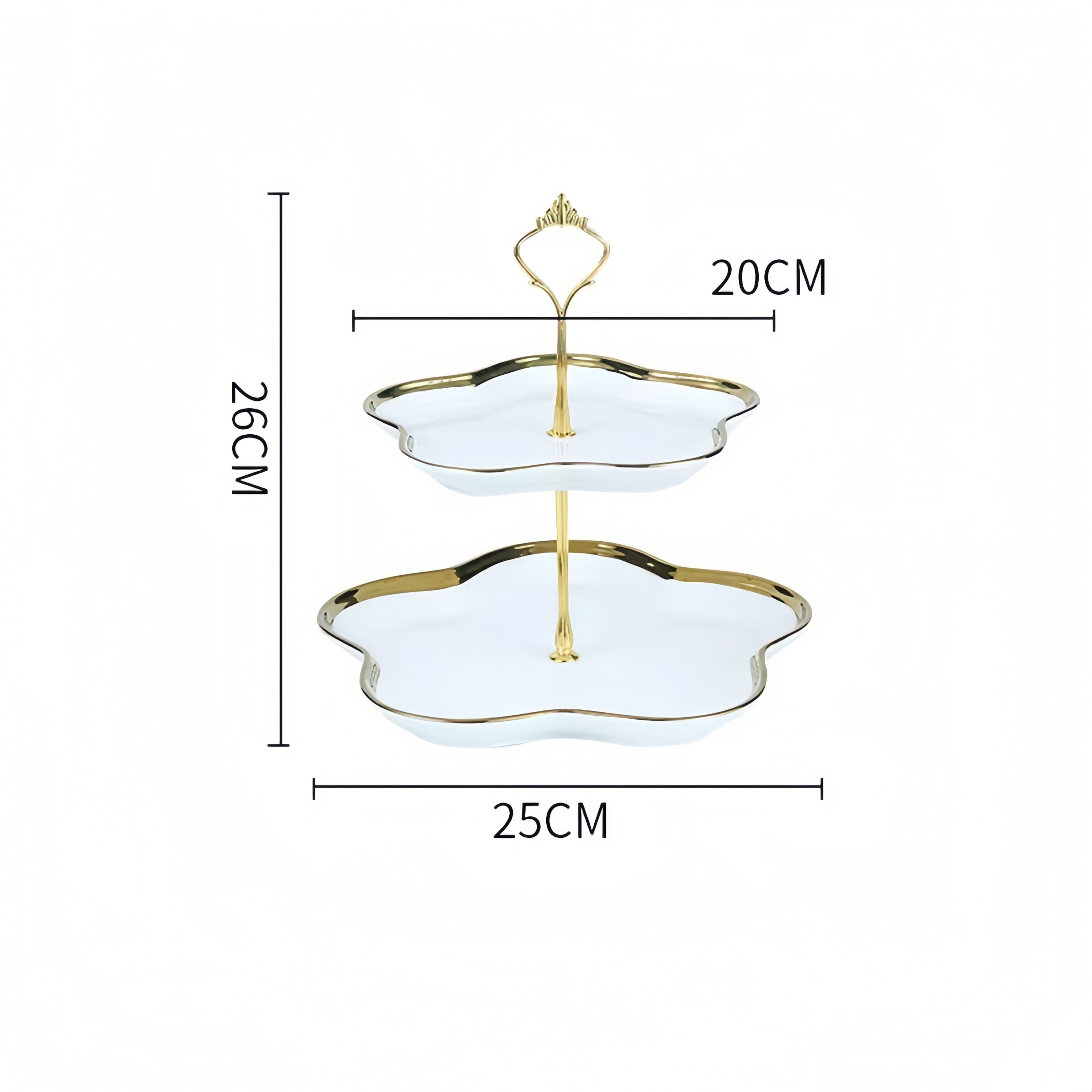 Two layer white ceramic serving tray with gold edge, elegant flower-shaped stand for fruits and pastries