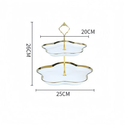 Two layer white ceramic serving tray with gold edge, elegant flower-shaped stand for fruits and pastries